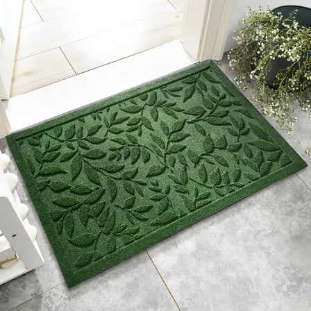 Green Leaves Doormat for Outdoor Indoor Entrance, Heavy Duty Absorbent Welcome Mat with Thick Natural Rubber Back, Easy Clean Low Profile Entryway Rug 17x30 Inch, green