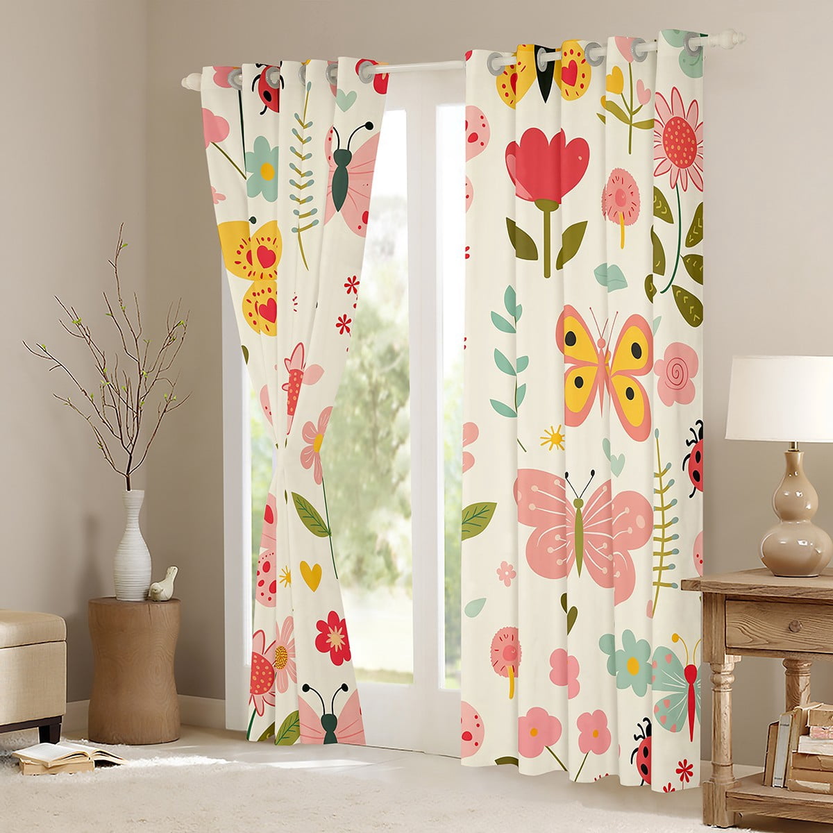 Manfei Chic Butterfly Curtains Pack of 2 (42x84 Each) for Kids Girls, Groovy Floral Curtains Blackout, Cartoon Wildlife Animal Bedroom Curtains, Luxurious Room Decor