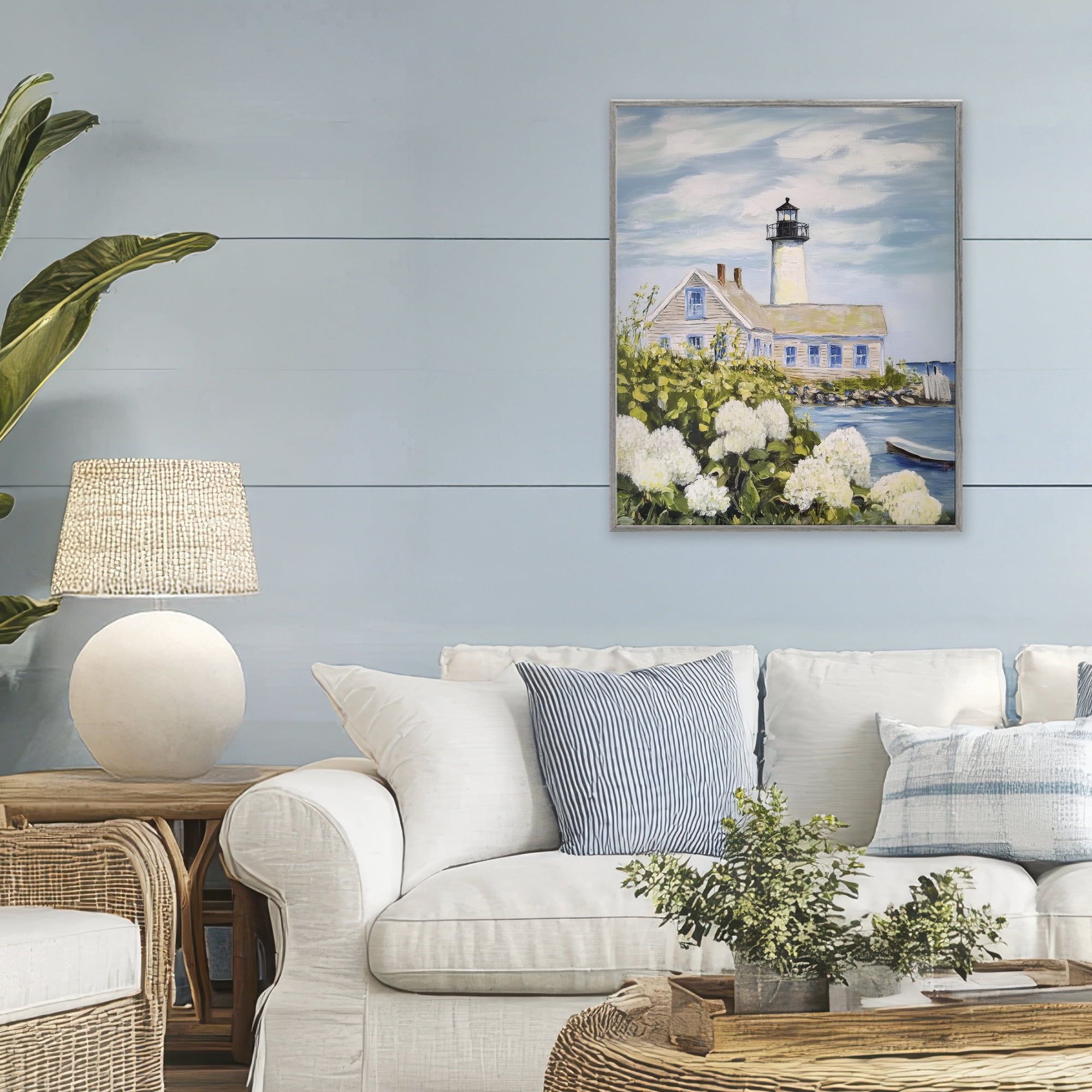 Stupell Industries Lighthouse Scenery with Hydrangeas Gray Framed Giclee Art, design by Sisi and Seb
