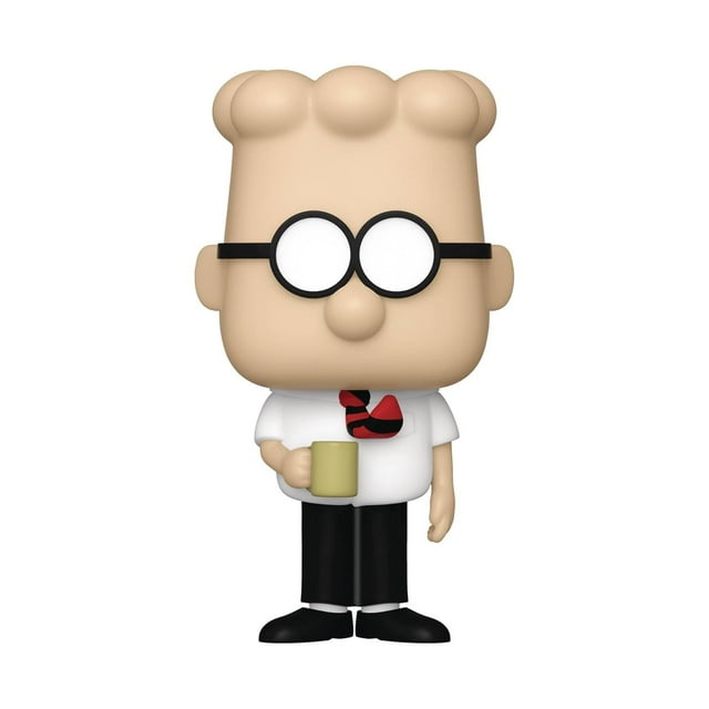 ¡funko pop! cómics: dilbert - dilbert funko funko pop figura de juguete multicolor. Vista frontal centrada de Dilbert con cabeza grande y gafas redondas negras, camisa blanca, corbata roja y negra, sostiene una taza amarilla; pantalón y zapatos negros sobre fondo blanco, adecuado para coleccionables y exhibición en estantes.