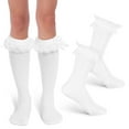 thumbnail image 1 of GOOHOCHY 2 pares de calcetines con volantes para mujer, calcetines largos de encaje con lazos, calcetines con volantes para niñas, calcetines altos con lazo, lindas medias blancas para mujer., 1 of 8