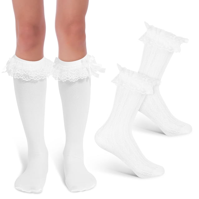 GOOHOCHY 2 pares de calcetines con volantes para mujer, calcetines largos de encaje con lazos, calcetines con volantes para niñas, calcetines altos con lazo, lindas medias blancas para mujer.