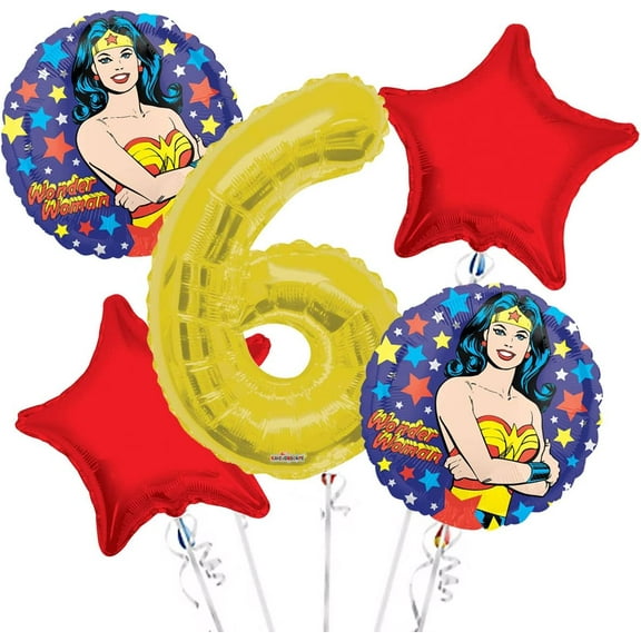 Wonder Women Balloon Bouquet 6th Birthday 5 pcs - Party Supplies