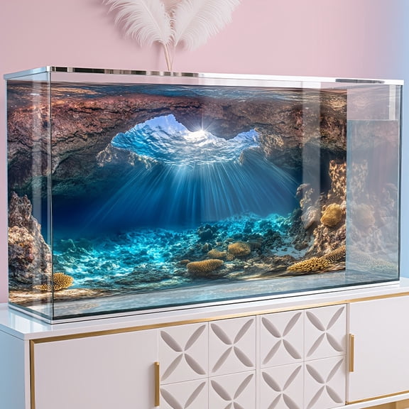 Sunshine Stone Cave, Fish Tank Background Painting, Aquarium Landscape Wallpaper, Front Self-Adhesive HD PVC Removable 2D Flat Sticker