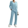 thumbnail image 1 of xiaxaixu Women’s 2 Piece Lounge Set Outfits Long Sleeve V Neck Ribbed Knit Tops and Pants Set Loungewear, 1 of 7