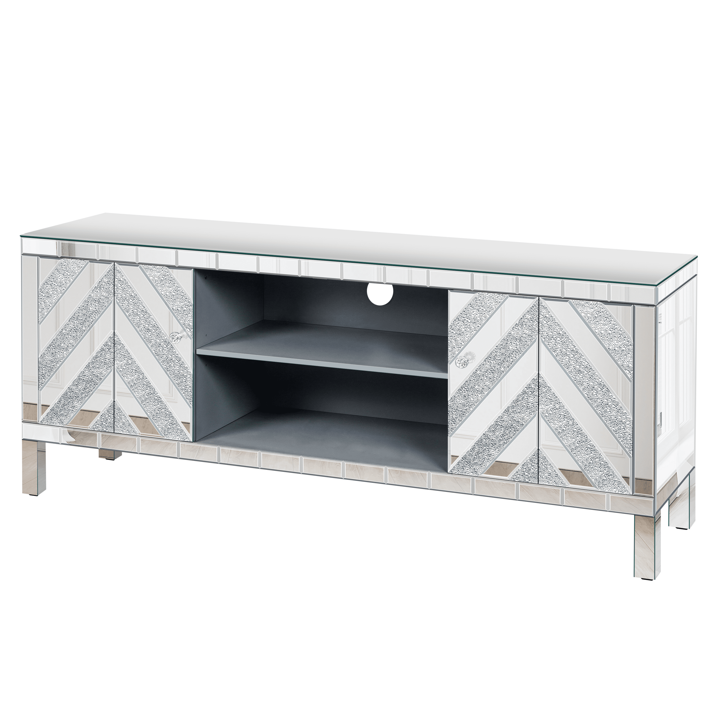 Atumcto Mirrored TV Stand for 65in TV, Silver Console with Storage Cabinets and Shelves, Modern Glam Entertainment Center for Living Room