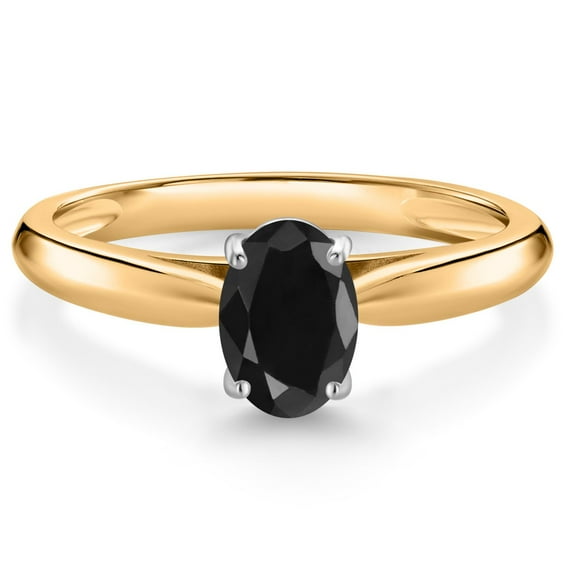 Gem Stone King 10K Yellow Gold Black Sapphire Solitaire Engagement Ring for Women (1.10 Cttw, Oval 7X5MM, Gemstone September Birthstone, Size 7)