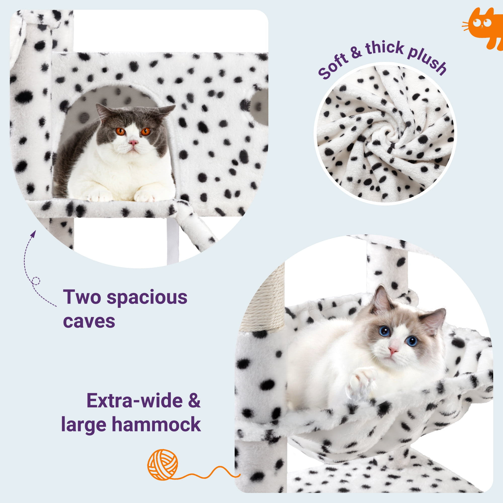 Allewie 81 Inches Multi-Level Tall Cat Tree for Large Cat, Cat Climbing Tree with Cat Condo and Hammock, Scratching Post, Wide Base, White/Black Spot