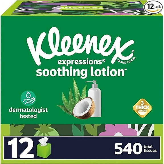 Kleenex Expressions Soothing Lotion Facial Tissues with Coconut Oil, 12 Cube Boxes, 45 Tissues per Box, 3-Ply, Packaging May Vary