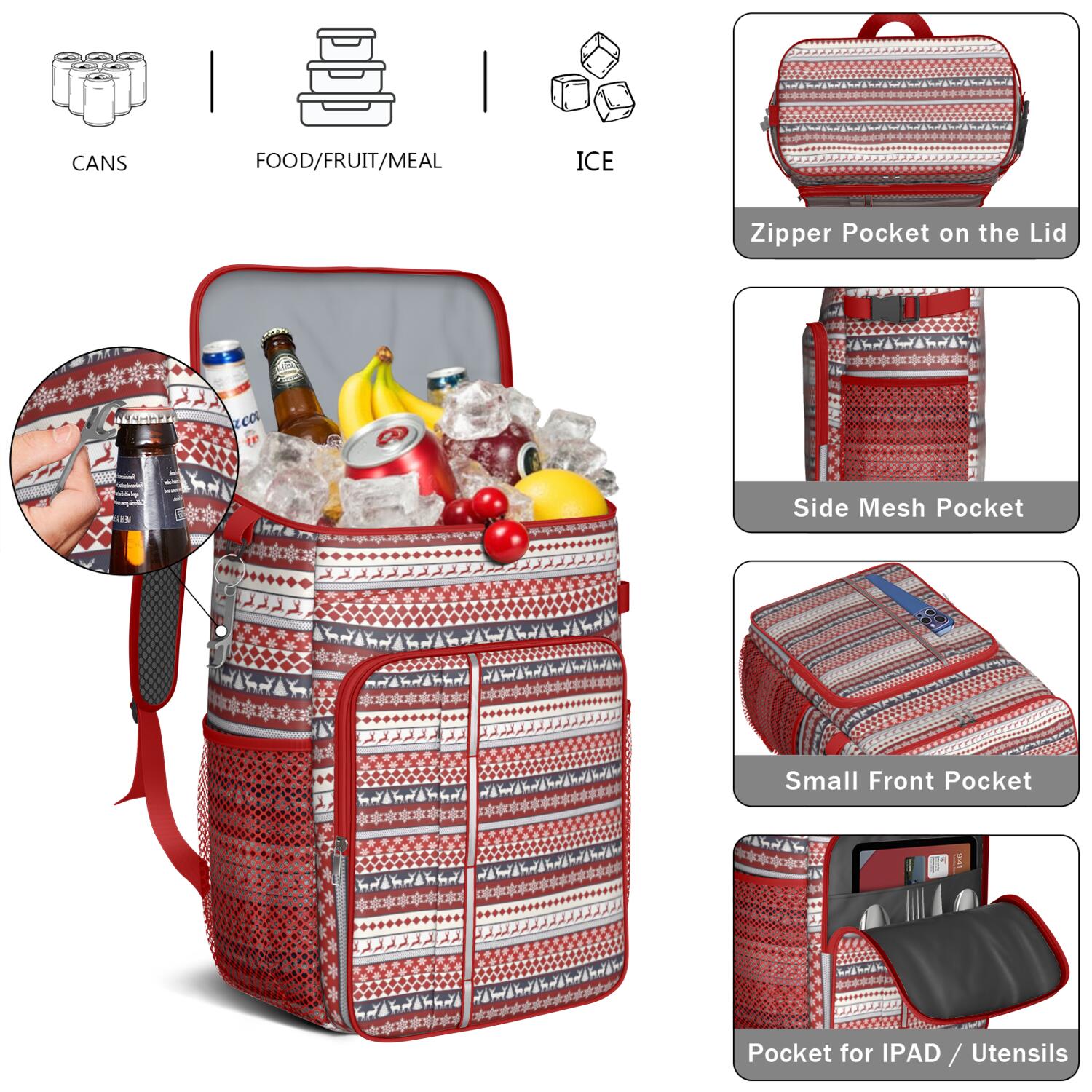 Travel Cooler Bag - Red Christmas Deer and Tree Pattern Camping Beer Cooler Backpack with Bottle Opener- Waterproof Insulated Picnic Backpacks - Cooler Bag for Beach