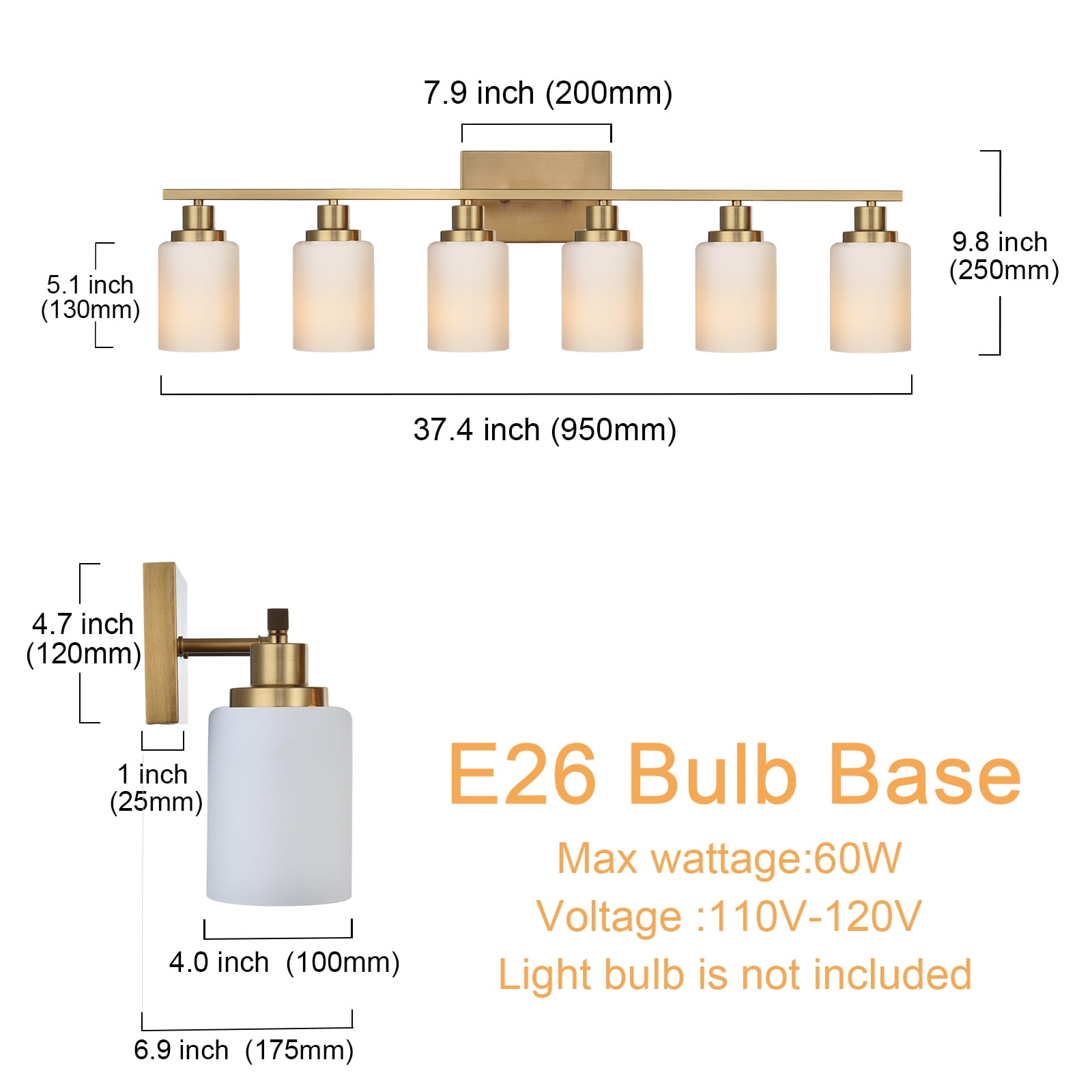 Melucee Modern Bathroom Light Fixtures, 6 Light Vanity Lights, Brass Wall Lamp with White Glass for Bathroom