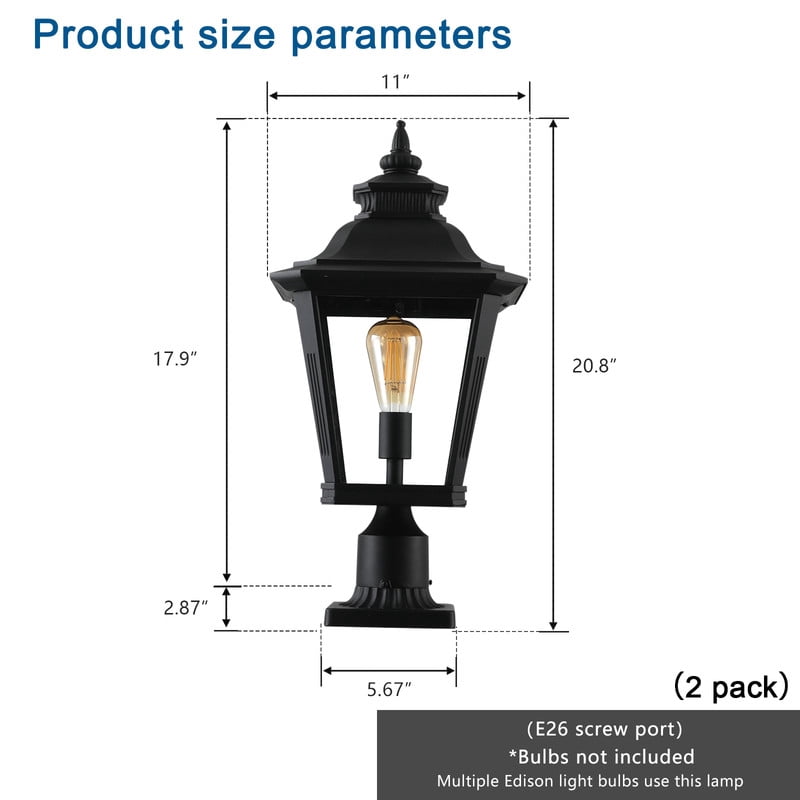21" Outdoor Post Lantern Light, 2-Pack Vintage Black Metal Garden Pillar Lamp with Clear Glass for Driveway, Gate, Pathway, and Yard Lighting, Elegant Exterior Design (Bulb Not Included)