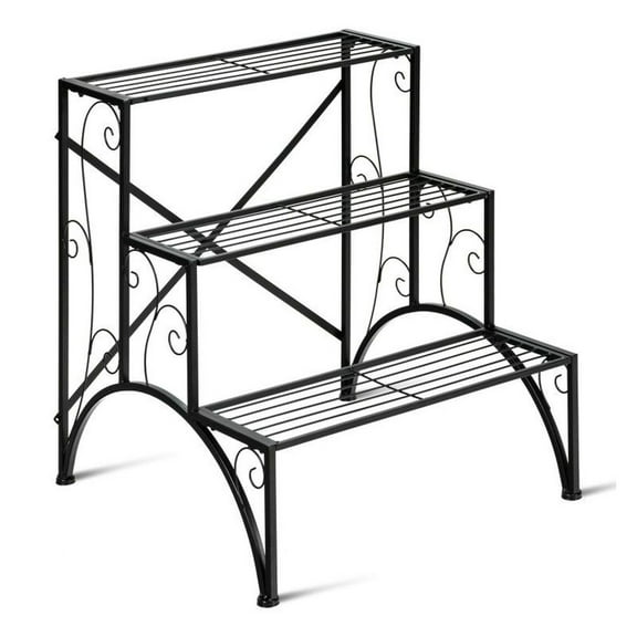 3-Tier Metal Plant Rack Garden Shelf in Stair Style Black