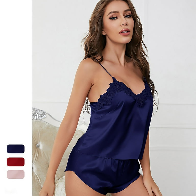 Women Fashion Soft Satin Two-Piece Pajamas Sets Ice Silk Sexy Lace Nightgown  Sleepwear（Plus Size XS-5XL）