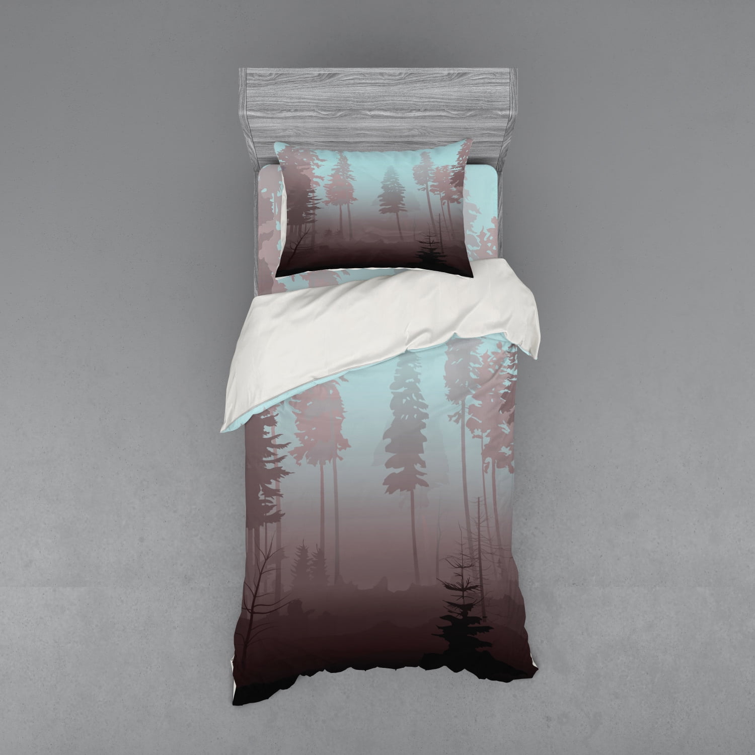 Forest Duvet Cover Set, Early Morning in Mysterious Woods with Heavy Fog Coniferous Trees