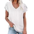 thumbnail image 3 of Camiseta de manga corta con pétalos para mujer, camiseta informal con cuello en V y agujeros ahuecados para uso en verano, color blanco M, 3 of 5