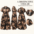 thumbnail image 5 of Women's Vintage Gold Peony Satin Midi Dress Mandarin Collar Short Puff Sleeve Hidden Pockets A-Line Dress, 5 of 6