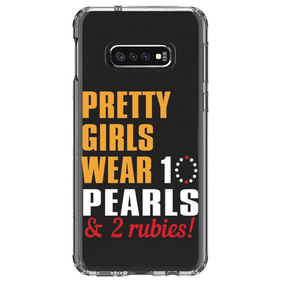 DistinctInk Clear Shockproof Hybrid Case for Samsung Galaxy S10e (5.8" Screen) - TPU Bumper Acrylic Back Tempered Glass Screen Protector - Pretty Girls Wear 10 Pearls 2 Rubies