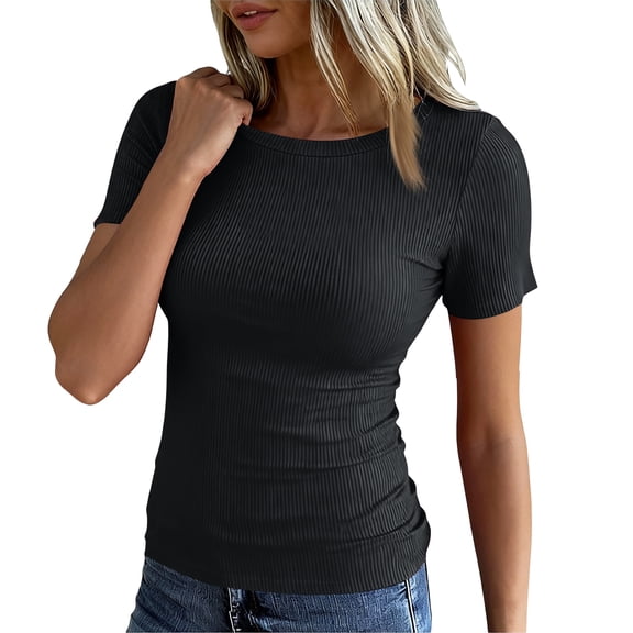 Women 2026 Summer Crew Neck Short Sleeve Tops Ribbed Knit Slim Fit Fashion Basic Tee Shirts Casual Going Out Top #03Black S