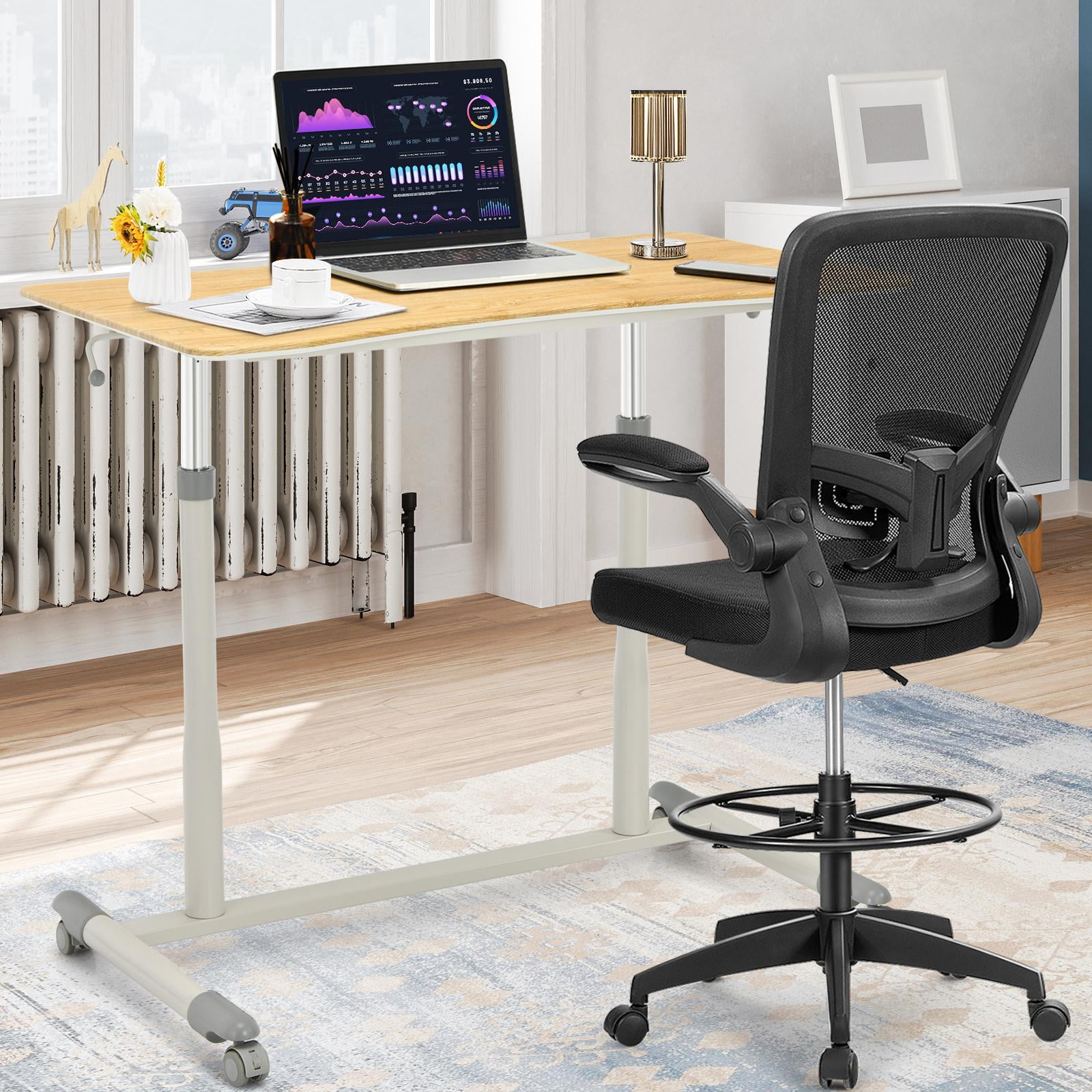 Giantex Mobile Height Adjustable Standing Desk, Compact Pneumatic Sit to Stand Computer Desk w/ Lockable Casters, Ergonomic Rolling Laptop Table for Home Office, Natural