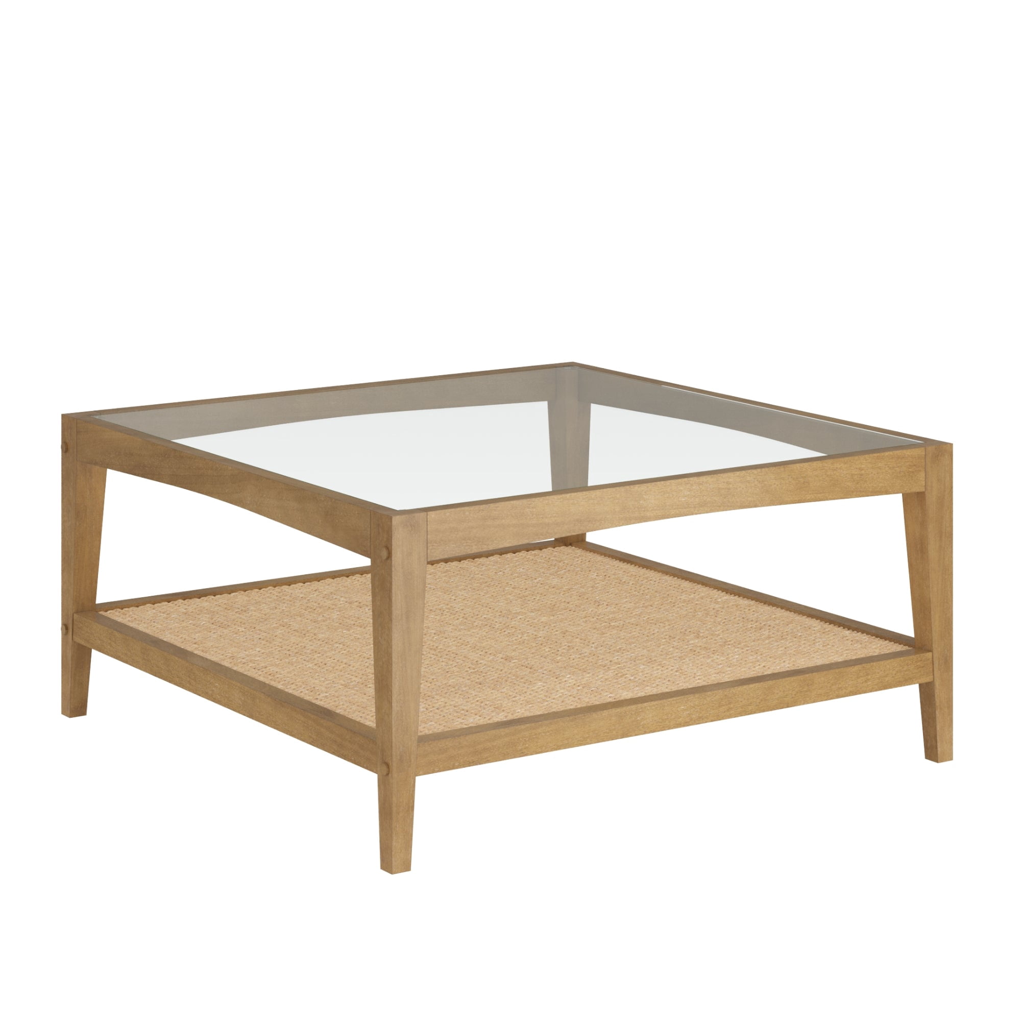 Nathan James Hayes Glass Top Coffee Table, Solid Wood Coffee Table with Glass Top and Rattan Bottom Shelf, Light Brown