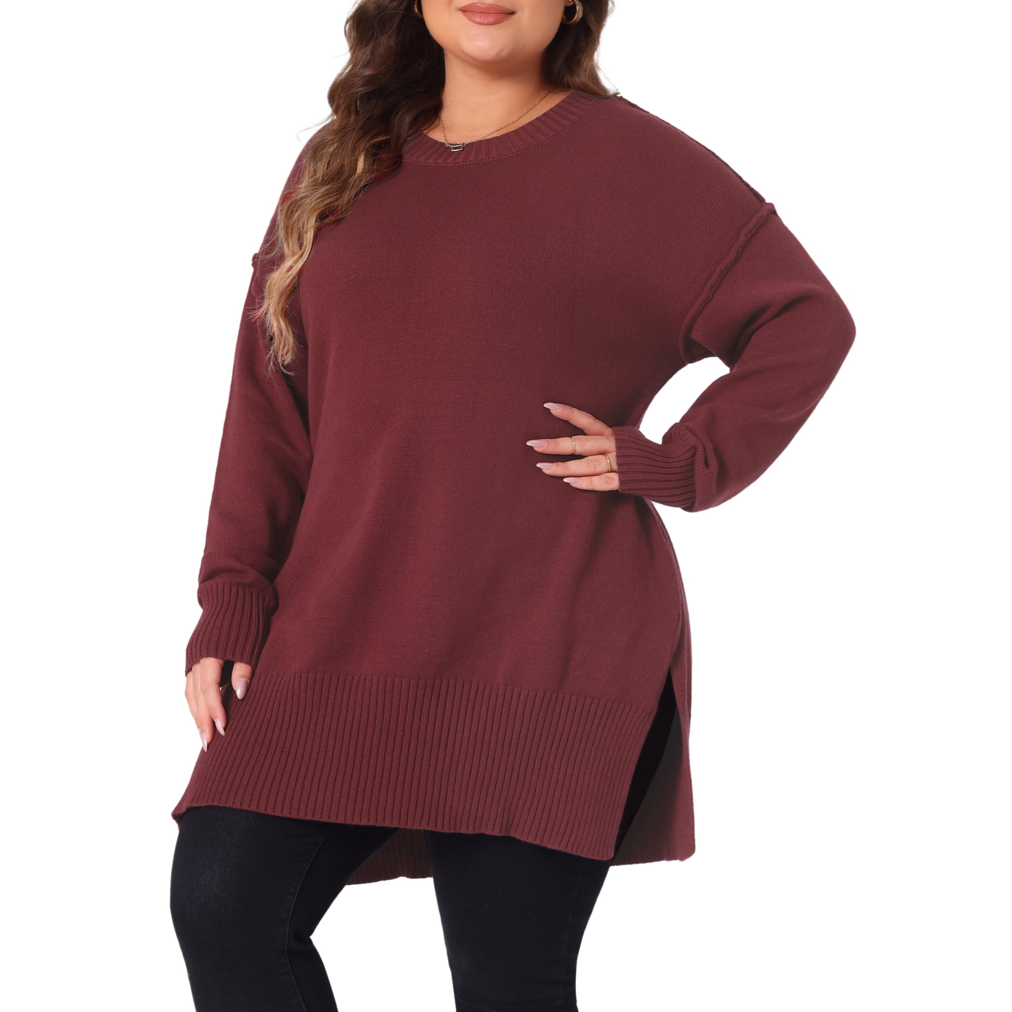 DARING DIVA Women s Plus Crew Neck Long Sleeve Slit Hem Pullover Sweater 1X Burgundy