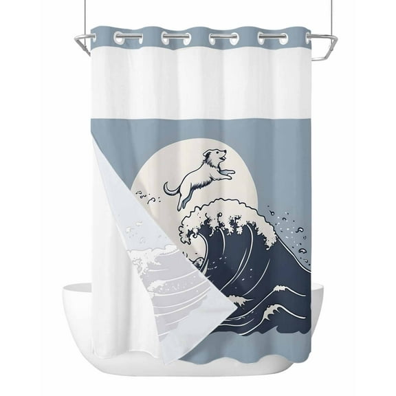 No Hook Shower Curtains with Snap in Liner, Blue Dog Waterproof Fabric Shower Curtain, Waves Abstract Art Dynamic Modern Double Layers & See-Through Top Window Bathroom Curtains 48''x72''