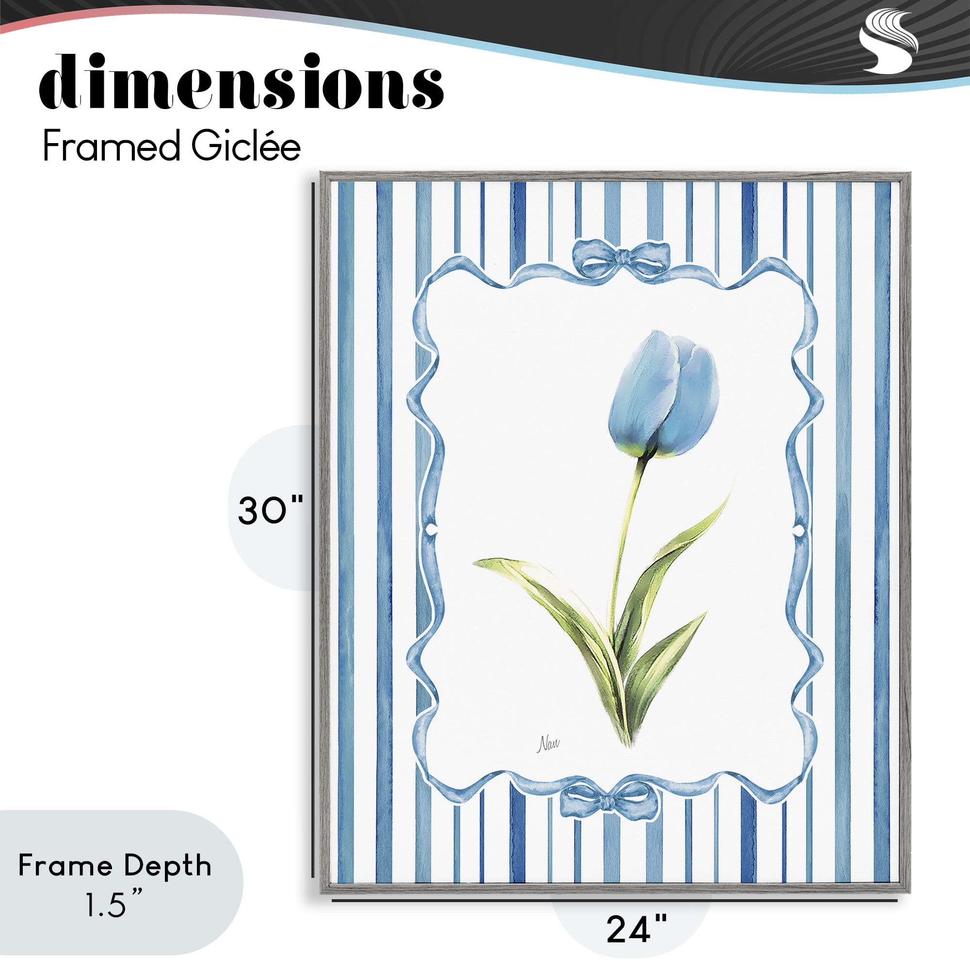 Stupell Industries Blue Tulip & Ribbon Border Gray Framed Giclee Art, design by Nan