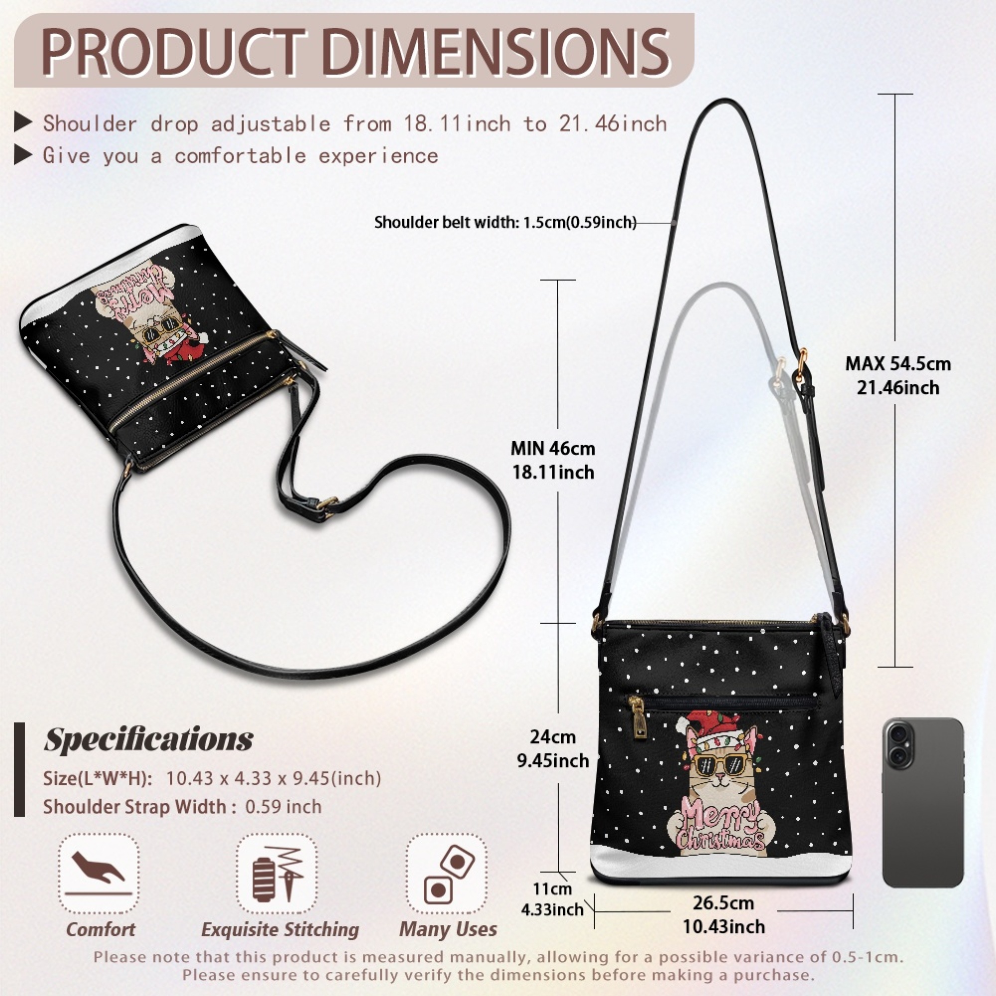 ZUXONGSY Christmas Cat Hat Lights Snowflake Print Shoulder Bag for Women PU Leather Crossbody Purse Trendy Satchel with Adjustable Wide Strap for Travel Shopping