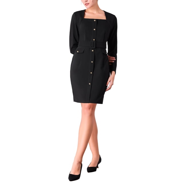 VESTIDOS DE SHEATH CON CUELLO CUADRADO Y CINTURÓN PARA MUJERES INSPIRE CHIC S NEGRO