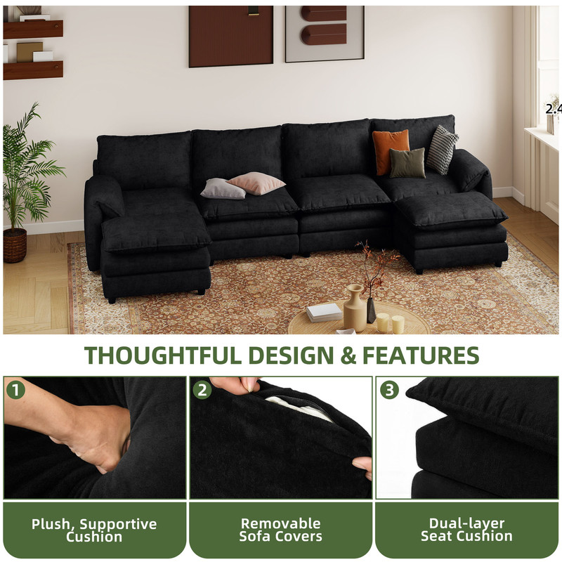 Uforic Sectional Sofa with Ottoman, 142" U Shape Modern 6 Seat Cloud Couch with Pillow-Armrest, Black