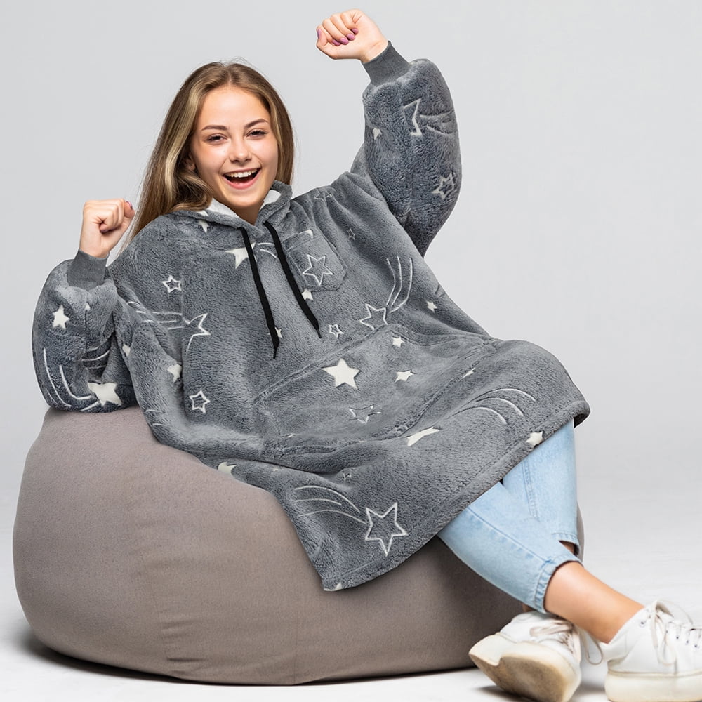 PAVILIA Wearable Blanket Sweatshirt for Kids Boy Girl Glow in the Dark Star, Warm Cozy Giant Blanket Hoodie, Fleece Sherpa Oversized Blanket Sweatshirt with Sleeves, Big Pocket, Christmas Gift
