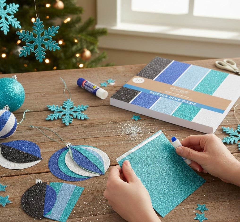 Roobee By Mara-mi Glitter Paper Pad, 12" x 12", 200 GSM, Blue Oasis Assorted Colors, 10 Sheets