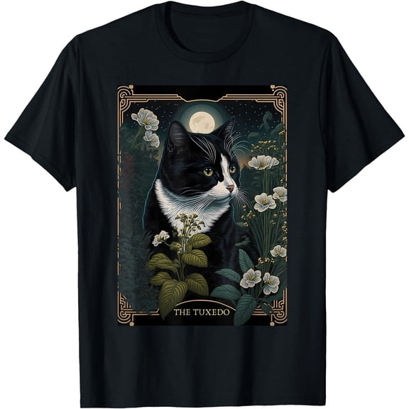 Tuxedo Cat Tarot Card Botanical Floral Tuxedo Cat Mystical T-Shirt, Unisex Tees