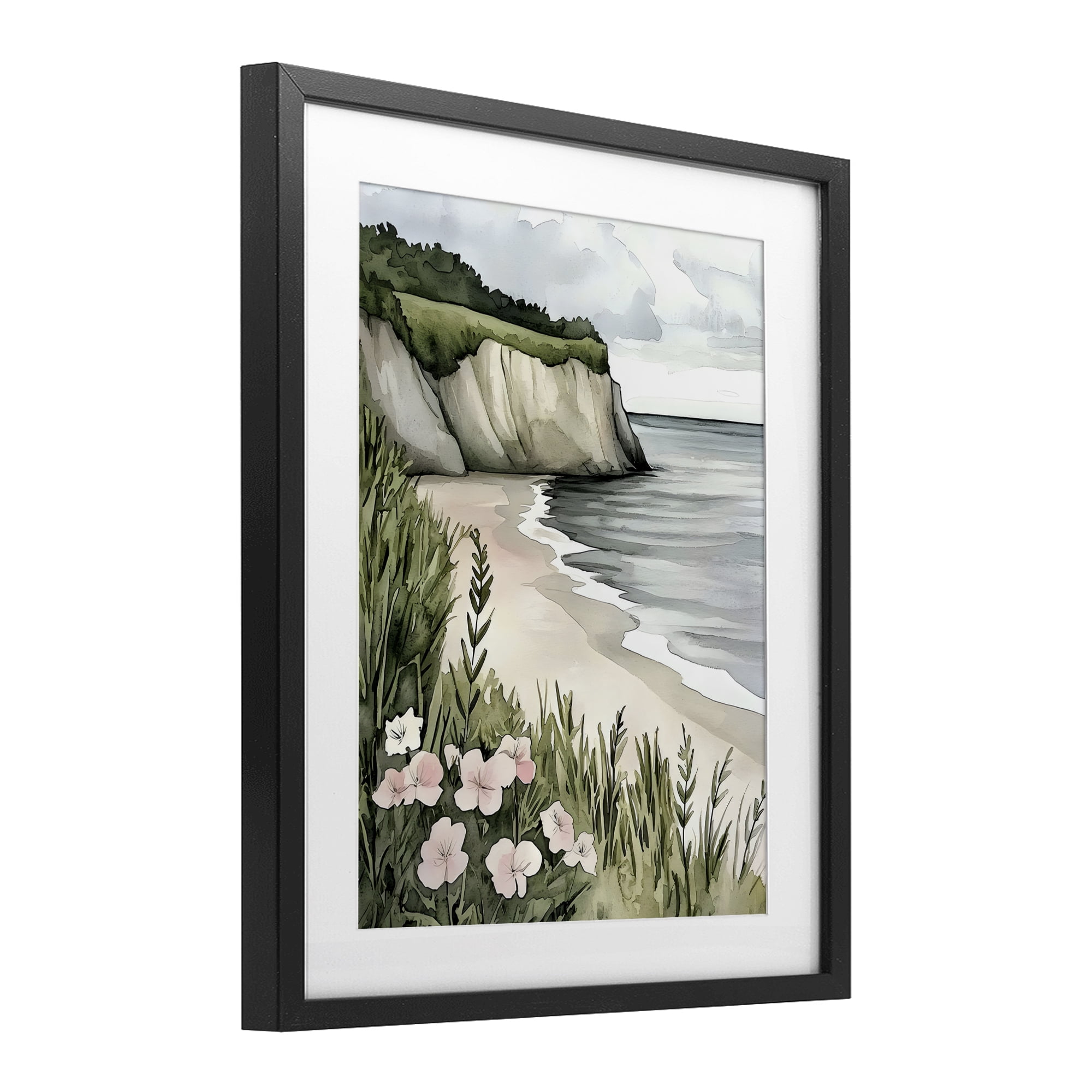 Stupell Industries Coastal Calm with Floral Blooms Black Framed Print Under Glass, design by Riley B