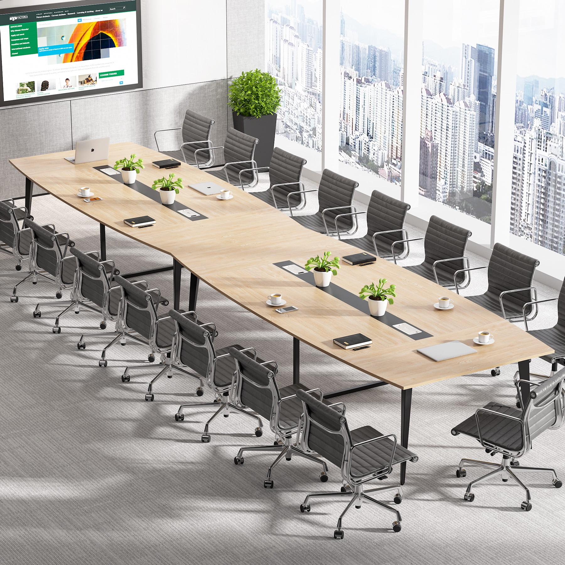 Tribesigns 8ft Boat-Shaped Conference Table - 94.48"L x 47.21"W Modern Boardroom Table with Cable Management, Light Wood Grain Office Meeting Table