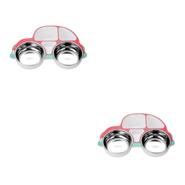 Inteprter Juego de vajilla de acero inoxidable para niños, cuchara, tenedor, forma de alimentación, cuenco, cubertería antideslizante, Rojo Coche/Cuenco/extraíble 2Conjunto
