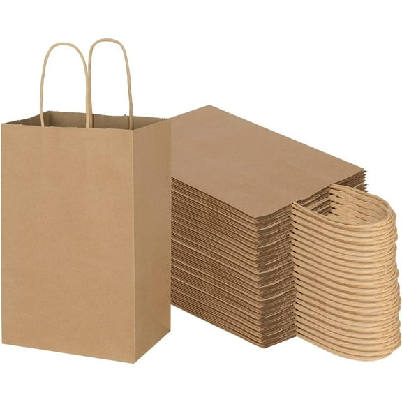 PandaTop Thicken Brown Kraft Paper Bags with Handles 5.9x3.15x8.26 Inches, Retail Bags for Small Business, Shopping Bags, Birthday Wedding Party Favor Bags, Merchandise Bags（25 Pack）