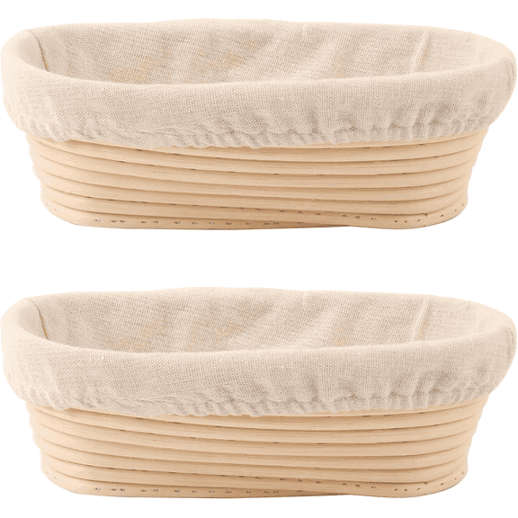 PLERISE 2-Pack 10 Inch Oval Bread Proofing Baskets with Liners, Reusable Dough Rising Banneton Bowls for Home Sourdough Bread Baking