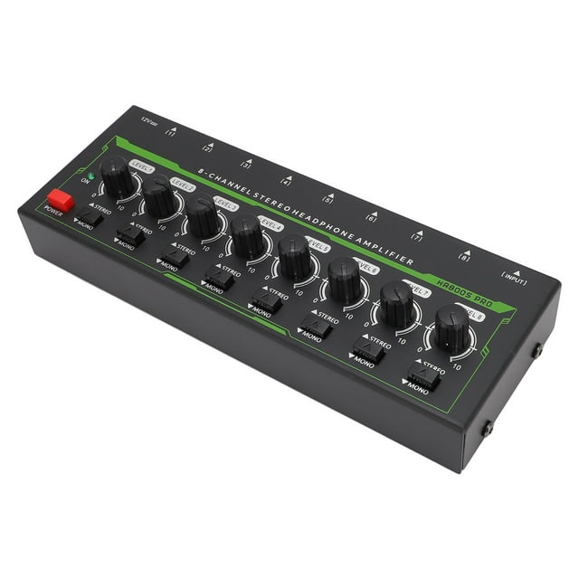 Headphone Amplifier, 8 Channel Stereo Headphone Amplifier for Studio Home KTV Ear Player, Support One Touch Stereo Mono Modes Switch, Black