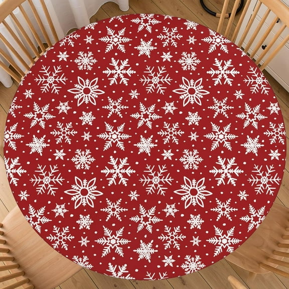 Red Christmas Round Fitted Tablecloth with Elastic for 44-48 Inch Tables White Winter Snowflake Print Xmas Holiday Fitted Table Cover Waterproof Farmhouse Indoor Outdoor Patio Picnic Party
