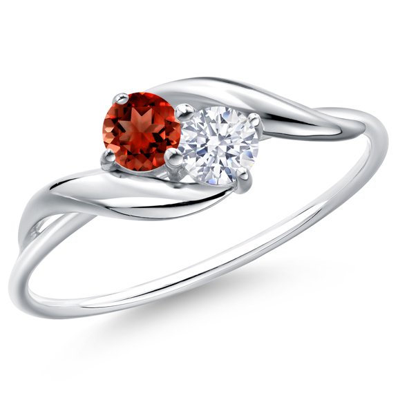 Gem Stone King 10K White Gold Round Red Garnet and White Zirconia Ring for Women (0.52 Cttw, Round 3.5MM, Gemstone January Birthstone, Size 5)