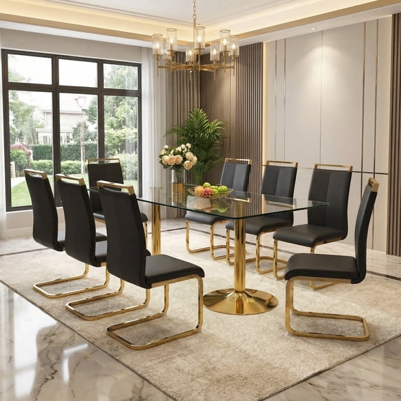 Hi loPres 9-Piece Dining Set, 71" Tempered Glass Table with Gold Metal Pedestal Base and 8 Black PU Leather Chairs with Gold Legs for Dining Room