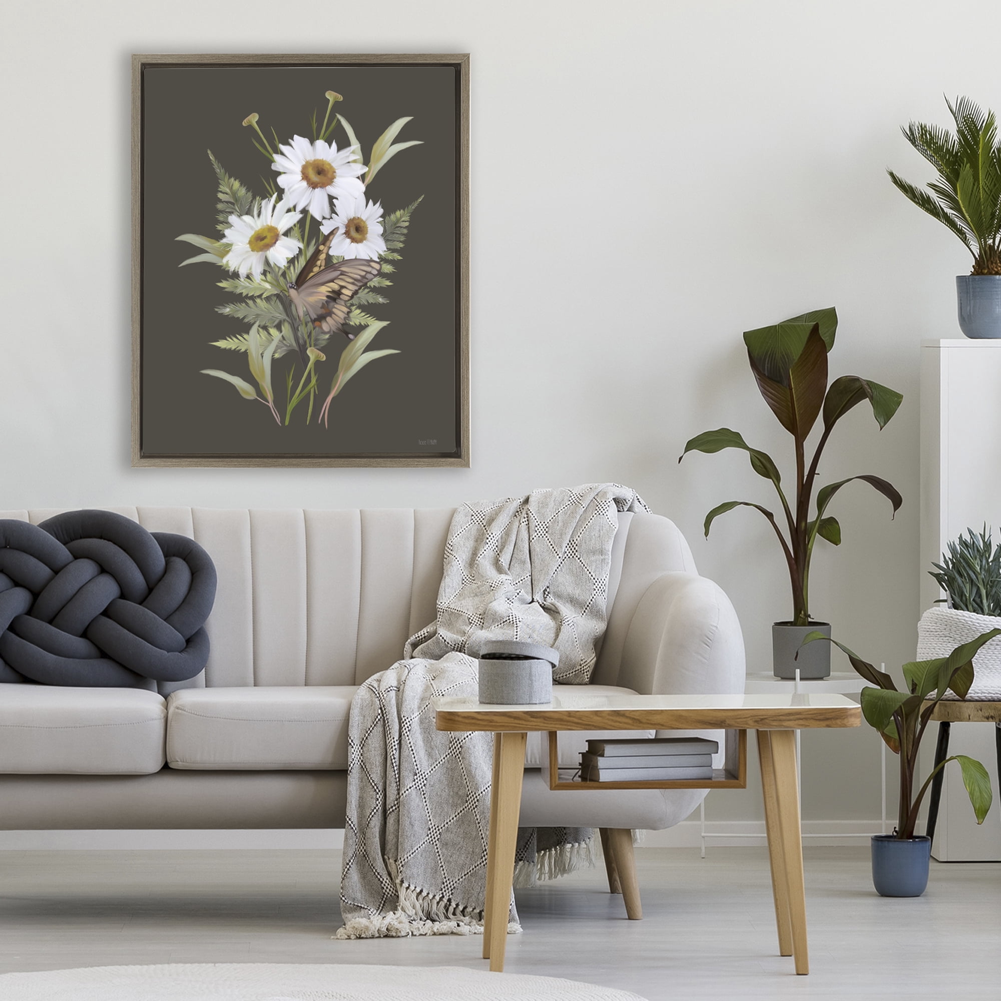 Stupell Industries Daisy Bouquet with Swallowtail Brown Framed Floater Canvas Wall Art, design by House Fenway
