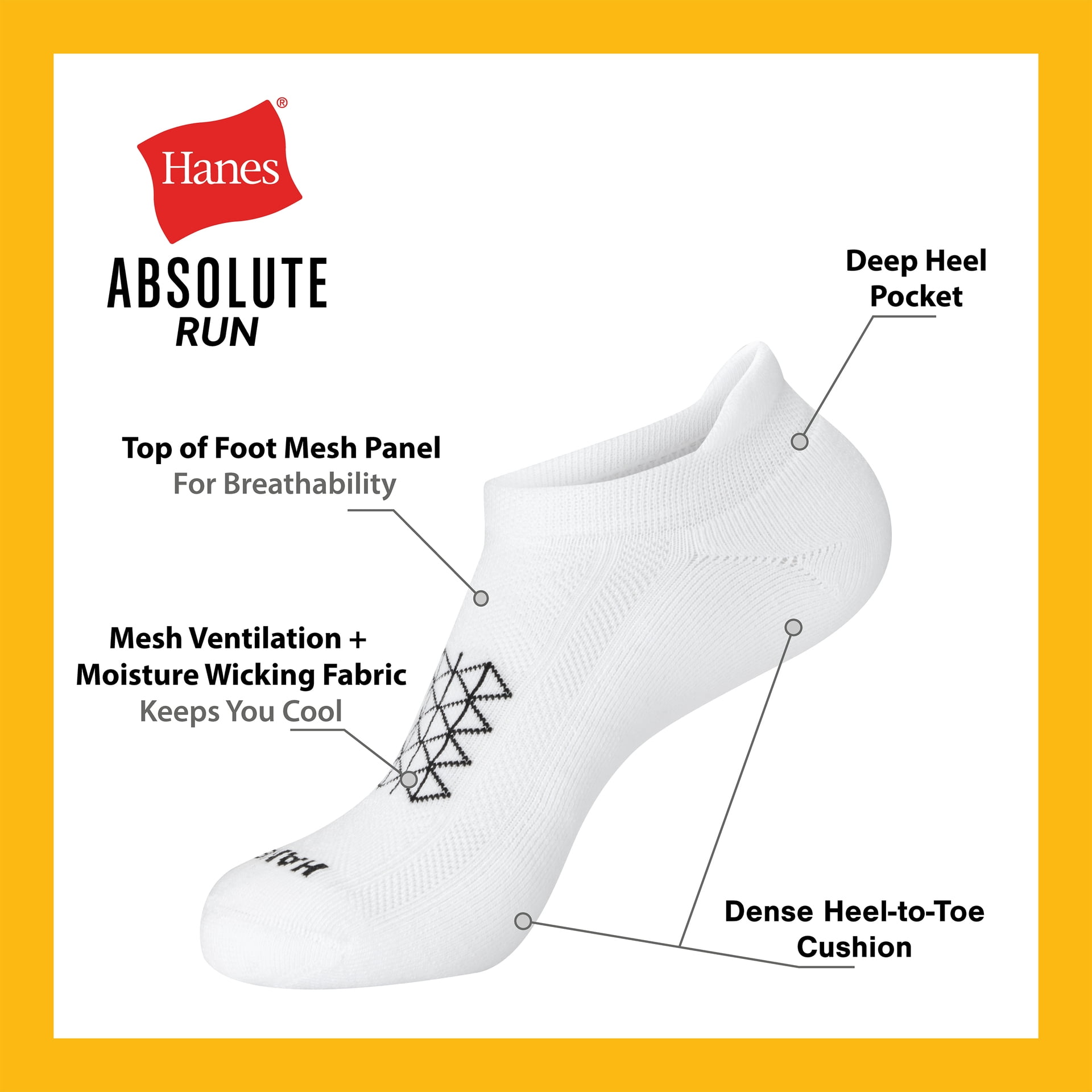 Hanes Mens Absolute Run Comfort Cushioned Heel Shield Socks, 3-Pairs