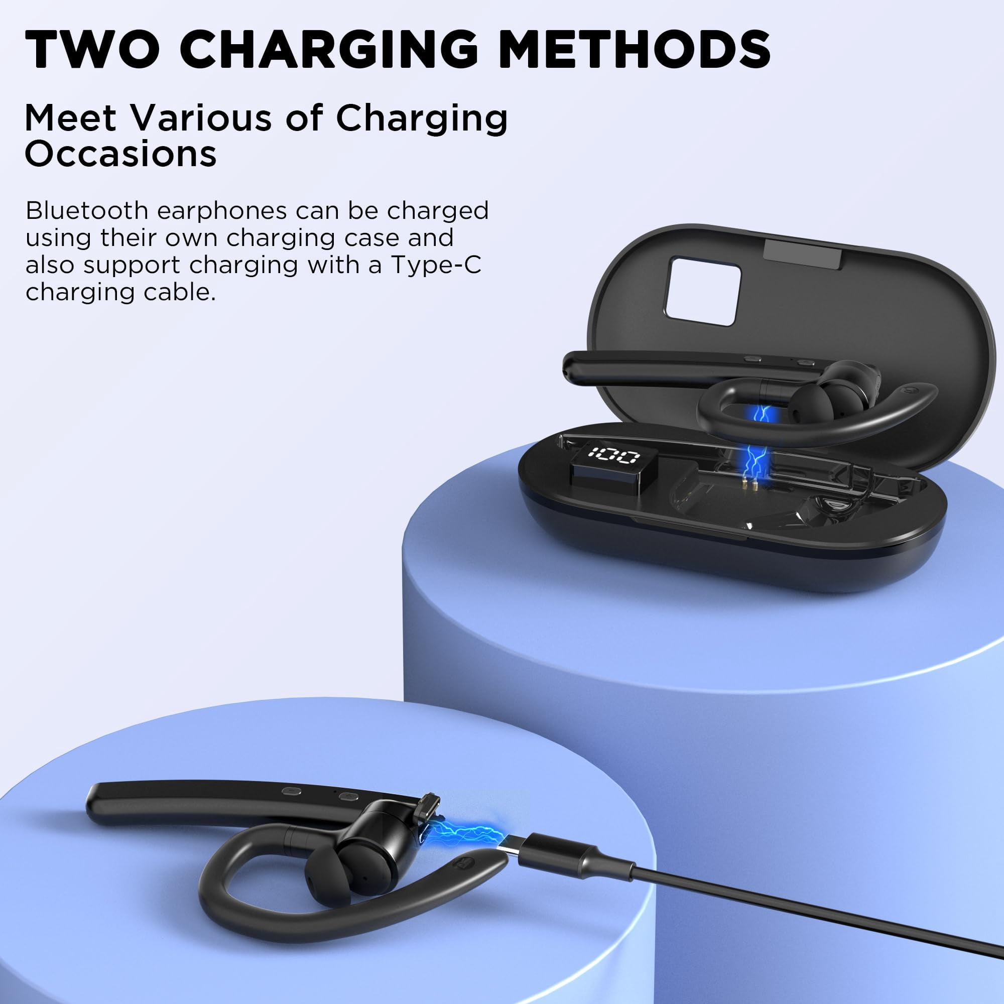 TERUNSOUl Bluetooth Headset V5.3 w/ 600mAh Case 110H Playtime, Mic