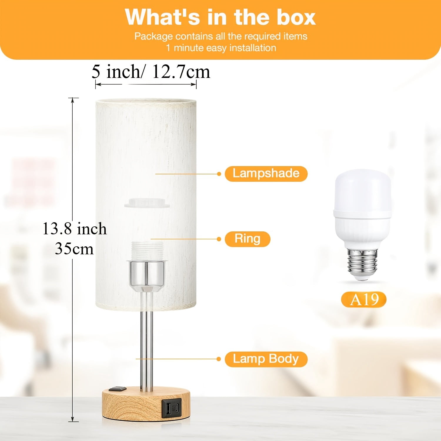 Dimmable Table Lamps with USB Charging Ports & AC Outlet, 3-Way Touch Control Bedside Nightstand Lamps, Wood/Metal Base, Modern Desk Lamps for Bedroom, Living Room, Office, Bulbs Included (1/2 Pack)