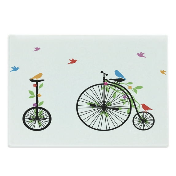 Bicycle Cutting Board, Flying Birds and Flowers on Old Single Wheel Bikes Happiness and Joy Pedals Graphic, Decorative Tempered Glass Cutting and Serving Board, Large Size, Multicolor, by Ambesonne