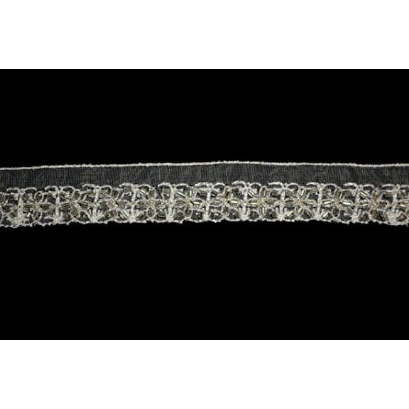 Altotux 7/8" Off White Embroidered Sheer Organza Silver Bugle Beading Lace Trim