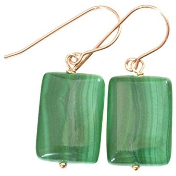 14k Piink Rose Gold Filled Malachite Earrings Green Striped Smooth Rectangular Cut Simple Rectangle Dangles Drops Designed for Adult Women